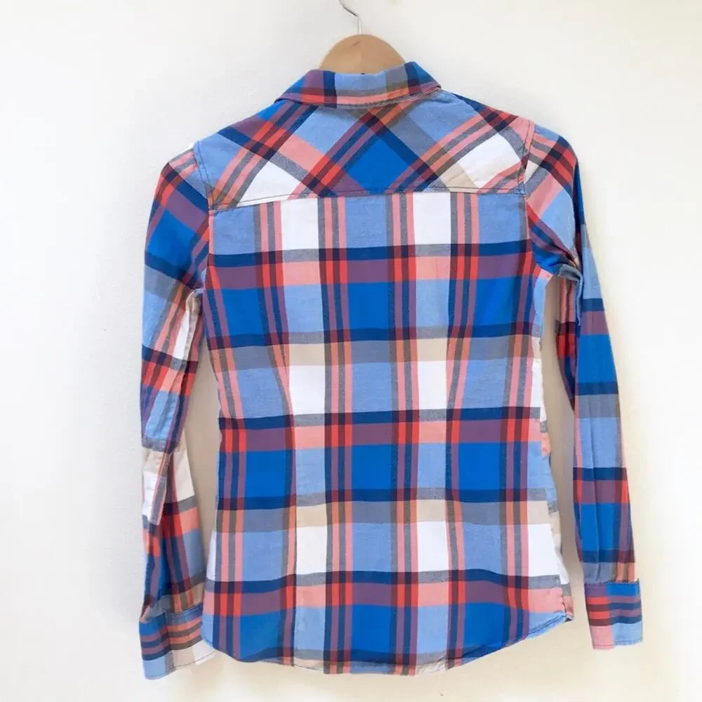 J. Crew Factory Perfect Fit Long Sleeve Plaid Button-down Shirt Blue Women’s XXS